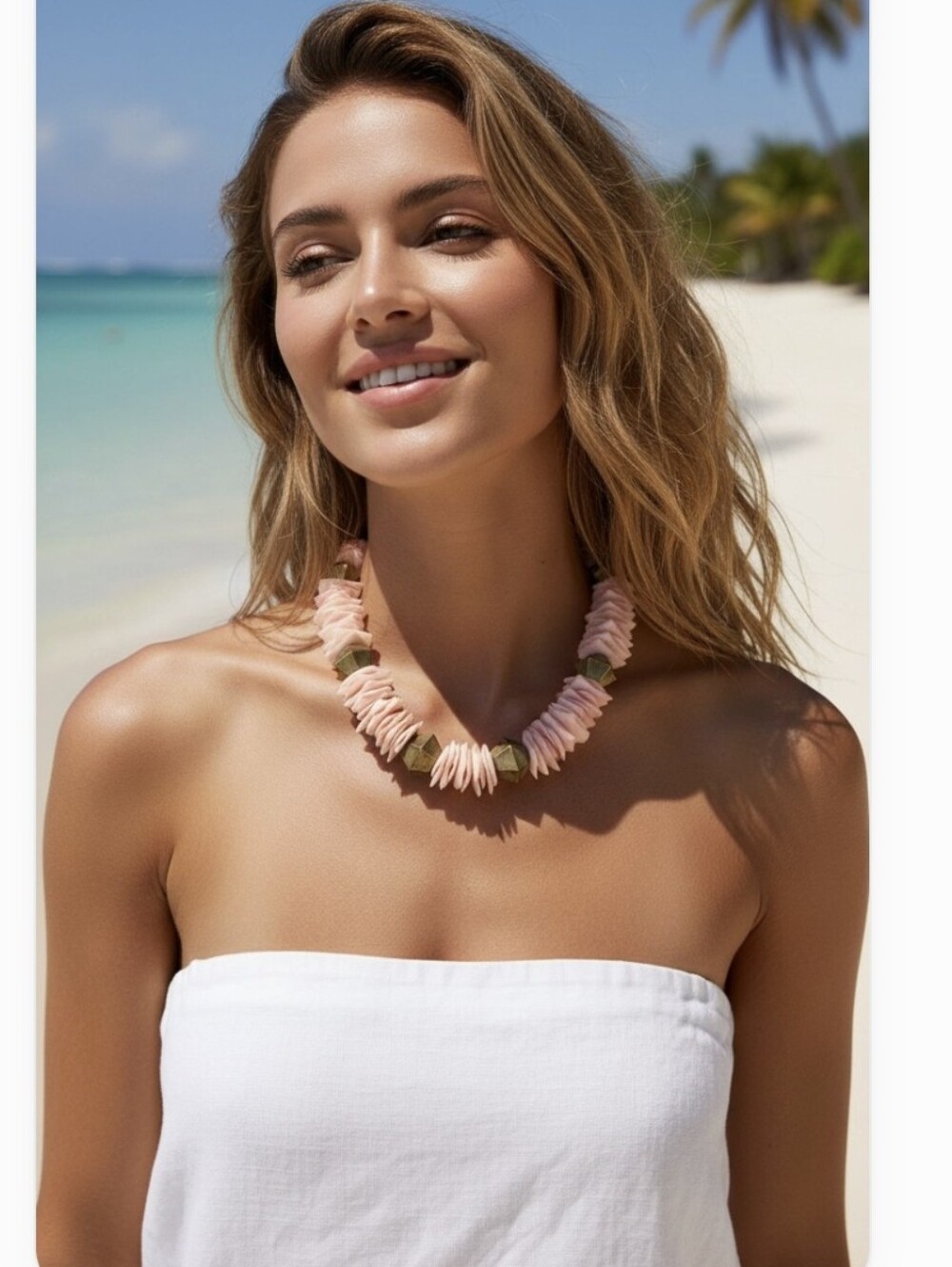 Chunky Pastel Pink Shell  and Brass Gold Beaded Necklace